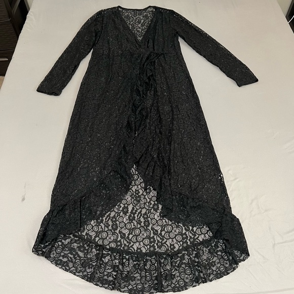 Floral print Lace long maxi wrap dress cover up blouse Tie waist Wrap design L - Picture 3 of 15